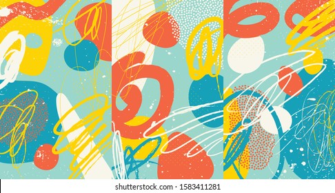 Creative doodle art header with different shapes and textures. Collage. Vector