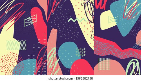 Creative doodle art header with different shapes and textures. Collage. Vector