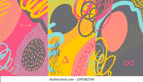 Creative Doodle Art Header With Different Shapes And Textures. Collage. Vector