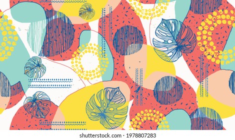 Creative doodle art header with different shapes and leafs textures seamless pattern design . Collage. Vector