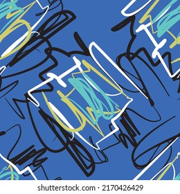 Creative doodle art pattern with different shapes and textures. line and geometric fabric textile pattern