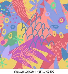 Creative doodle art seamless pattern with different abstract shapes and textures. Collage. Vector. Trendy flat style fashion design for fabric, textile, wrapping, surface.