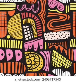 Creative doodle art seamless pattern with different shapes and textures. Collage. Vector
