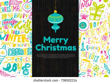 Creative doodle Christmas card with xmas decoration and lettering. Creative background for site, decor, promotion