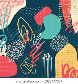 Creative doodle contemporary art header with different shapes and textures. Collage. Vector