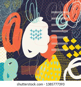 Creative doodle drawn art header with different shapes and textures. Collage. Vector