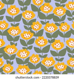 Creative doodle floral texture. Seamless pattern with bright yellow flowers on a blue background. Modern minimalist background in scandinavian style. Great for fabric textile or stationery.