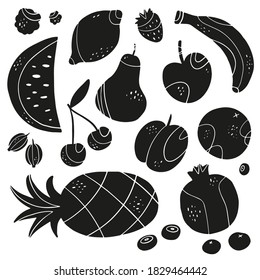 Creative doodle fruits set. Black silhouette of natural tropical fruit, watermelon, lemon, pomegranate, plum, cherry, raspberry, strawberry, pear, apple, blueberry, banana, orange, pineapple