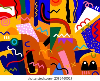 Creative doodle hand drawn art header with different shapes, lines and textures colorful vetor illustration. Collage abstract design.