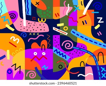 Creative doodle hand drawn art header with different shapes, lines and textures colorful vetor illustration. Collage abstract design.