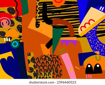 Creative doodle hand drawn art header with different shapes, lines and textures colorful vetor illustration. Collage abstract design.