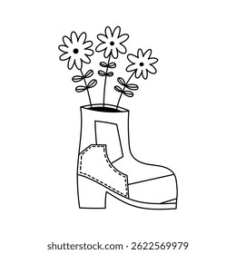 Creative doodle illustration of a boot used as a flower pot. Symbol of reuse, sustainability and modern eco design. Vector illustration on an isolated background.
