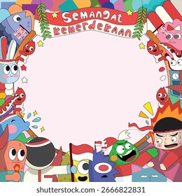 Creative doodle illustration twibbon template for Indonesian Independence Day celebration.