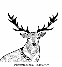 Creative doodle illustration of wild deer, hand drawn for the coloring book. Vector illustration in modern style.