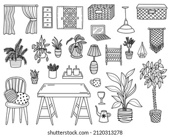 Creative doodle images of chair and table with various plants in pots and different home decorations