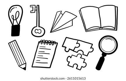 Creative Doodle Line Art Icon Collection. A collection of 8 hand drawn line art icons including book pencil magnifying glass puzzle and more perfect for creative projects and educational visuals