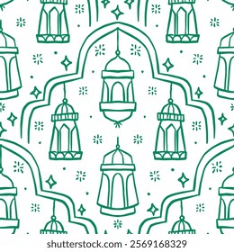 A creative doodle pattern of lanterns in arch frames, showcasing a joyful Ramadan spirit.