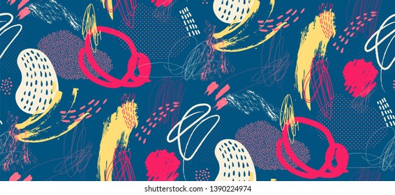 Creative doodle seamless freehand drawn pattern with different shapes and textures. Collage. Vector
