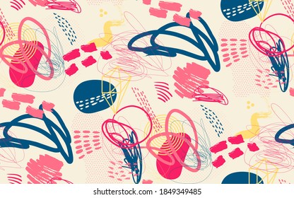 Creative doodle seamless freehand drawn pattern with different shapes and textures. Collage. Vector