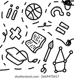 Un conjunto de doodle creativo de iconos educativos y escolares que incluyen matemáticas, ciencia, arte y símbolos de aprendizaje en estilo de contorno en blanco y negro.