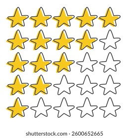 Creative Doodle star rating in various fill levels. Outline stars icon. Suitable for apps, ranking systems, website, customer feedback, service evaluation graphics