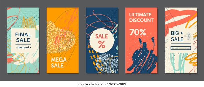 Creative doodle stories art header with different shapes and textures. Collage. Vector