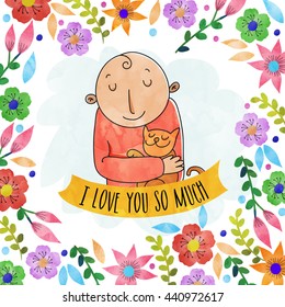 Creative doodle style illustration of a boy holding his pet cat on watercolor flowers decorated background.