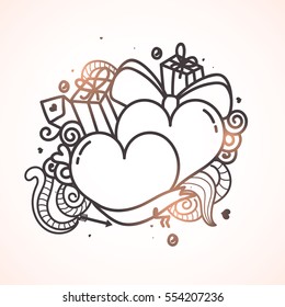Creative doodle style illustration of hearts with gift boxes for Valentine's Day celebration.