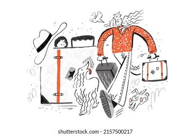 Creative doodle style illustration of a person carrying luggage and traveling with pets. Concept of pet travel and pet transport.