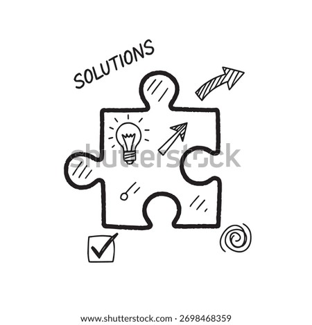 Creative doodle style jigsaw puzzle illustration symbolizing problem solving, teamwork, and connection, hand-drawn minimal vector design for strategy and idea concepts