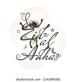 Creative doodle text Eid-Al-Adha with happy sheep illustration, decorated with stars and moon, greeting card design for Muslim community festival celebration.