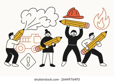 Creative doodle vector of characters acting as firefighters with giant pencils, fire truck, helmet, and flame icons. Ideal for safety education, fire drills, and emergency awareness visuals.

