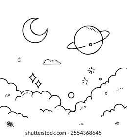 Creative doodle of a whimsical night sky with stars, clouds, and celestial bodies in a simplistic style