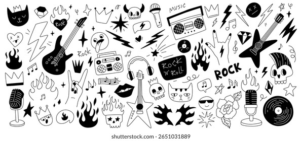 Creative Doodles Featuring Music Symbolism and Rock Icons in Black and White