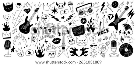 Creative Doodles Featuring Music Symbolism and Rock Icons in Black and White