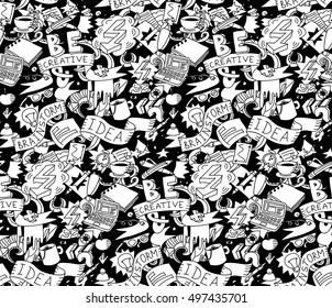 Creative doodles idea brainstorm black white seamless pattern. Cartoon hand drawn doodles. Color detailed vector illustration with lots of objects . EPS8