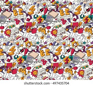 Creative doodles idea brainstorm color seamless pattern white. Cartoon hand drawn doodles. Color detailed vector illustration with lots of objects . EPS8