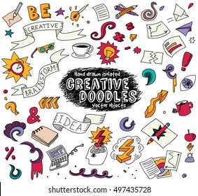 Creative doodles idea brainstorm isolate objects set. Cartoon hand drawn doodles. Color detailed vector illustration with lots of objects . EPS8