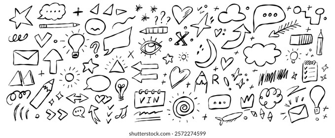 Creative doodles with various shapes, symbols, and icons on a white background showcasing artistic expression and imagination