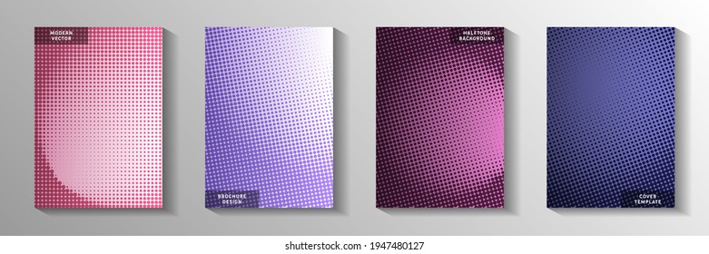 Creative dot faded screen tone front page templates vector set. Business catalog perforated screen tone backgrounds. Retro manga comics style cover layouts. Gradient design.