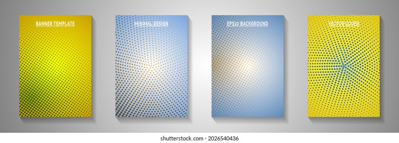 Creative dot faded screen tone title page templates vector collection. Medical magazine perforated screen tone backdrops. Retro manga comics style cover leaflets. Linear design.