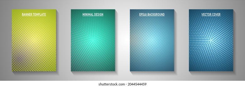 Creative dot perforated halftone title page templates vector series. Corporate magazine faded halftone backgrounds. Retro cartoon comics style front page leaflets. Distressed prints.