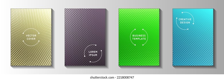Creativo punto perforado de página de título de medio tono plantillas de vector lote. El volante urbano se desvaneció en medio tono de fondo. Folletos de portada de historietas retro. Carpetas Rectangle.
