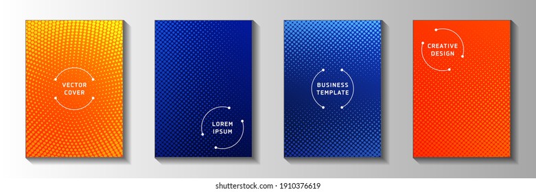 Creative dot screen tone gradation title page templates vector series. Corporate journal faded screen tone backgrounds. Retro manga comics style cover page leaflets. Matrix elements.