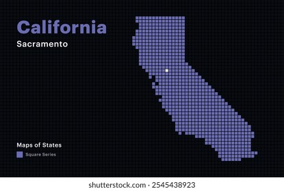 Creative Dotted Map of California with capital Sacramento. Square dots. United States maps