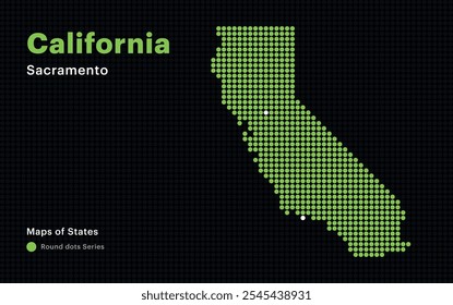 Mapa pontilhado criativo da Califórnia com a capital Sacramento. Pontos redondos. Estados Unidos mapas