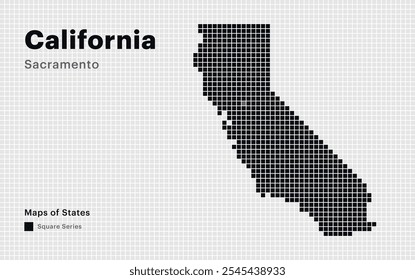 Mapa punteado creativo de California con la capital Sacramento. Puntos cuadrados suaves. Mapas de Estados Unidos