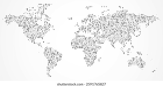 A creative dotted map of the world emphasizing geography, international borders, and digital connectivity in location. This dotted world map is perfect for travel, education, and communication designs