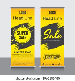 Creative double sided yellow and black colour vector roll up banner design. Vector, x banner