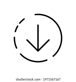 Creative download black thin line icon in broken circle, isolated flat design. Trendy outline logo for app, graphic design, infographic, web site, ui, ux, gui, element, dev, logotype. Vector EPS 10